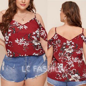 Plus Floral Top Blouses, Boho Cold Shoulder Floral Top, Summer festival top